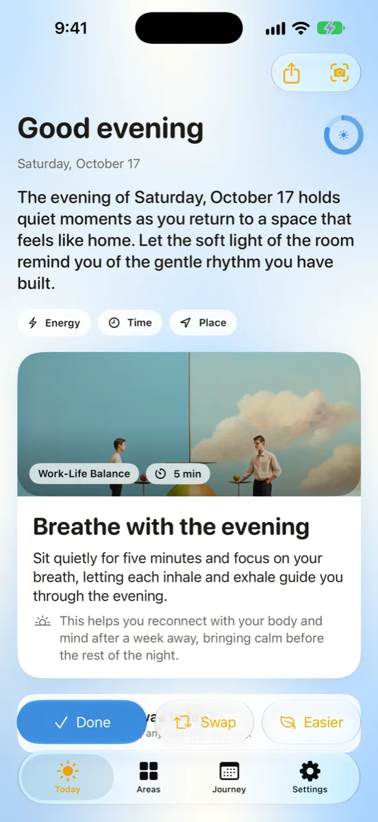 DayBright Today screen with a morning brief, a spark card and the evening check-in prompt